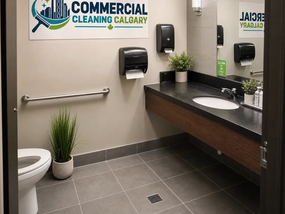 Spotless commercial office washroom with clean fixtures, stocked dispensers, and dry floors