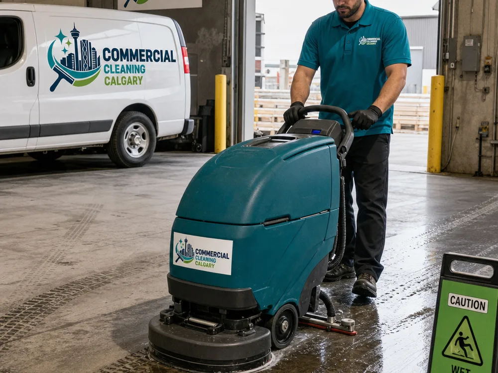 Technician using an industrial auto-scrubber on a warehouse floor near a loading dock with safety signage