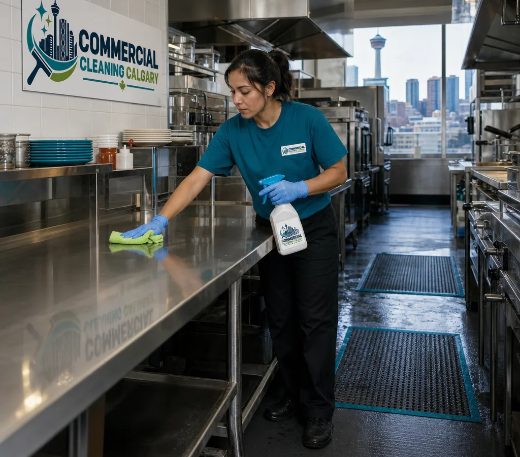 After-hours commercial cleaner sanitizing stainless prep tables and equipment in a Calgary restaurant kitchen