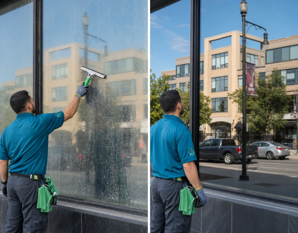 Storefront glass before cleaning with haze and fingerprints and after cleaning with clear reflections and detailed corners