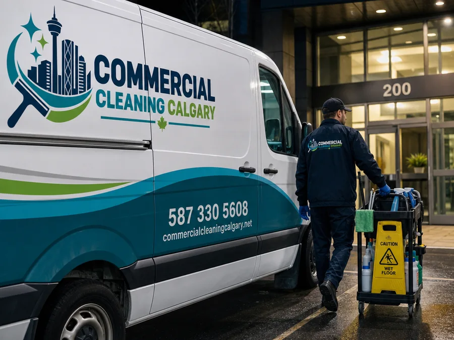 Evening cleaning crew arriving at a commercial building with labeled supplies and equipment