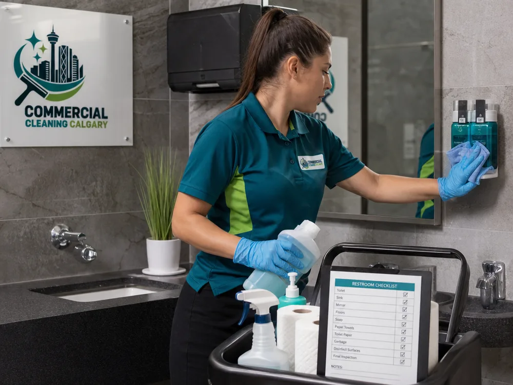Cleaner wiping fingerprints from a glass boardroom wall and door handle in a contemporary office